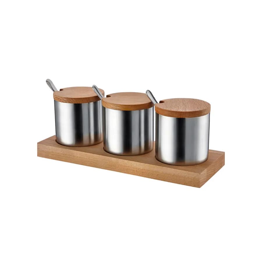 Ensemble De Pots À Épices Ronds 3 Pièces Avec Support En Bois
